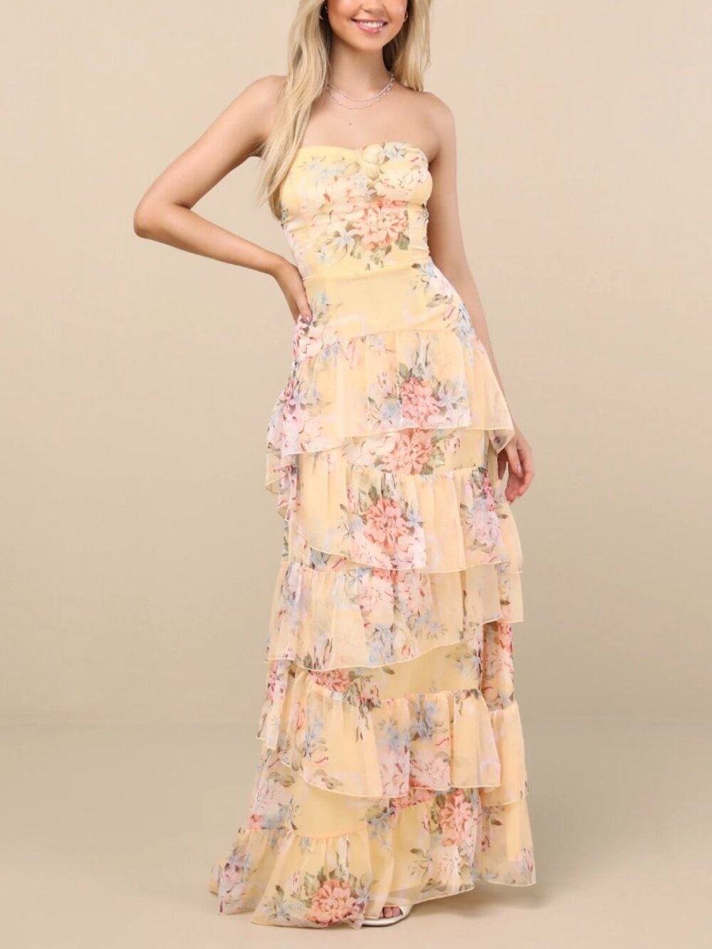 Lulus Niyati Yellow Floral Strapless Tiered Maxi Dress - Size S